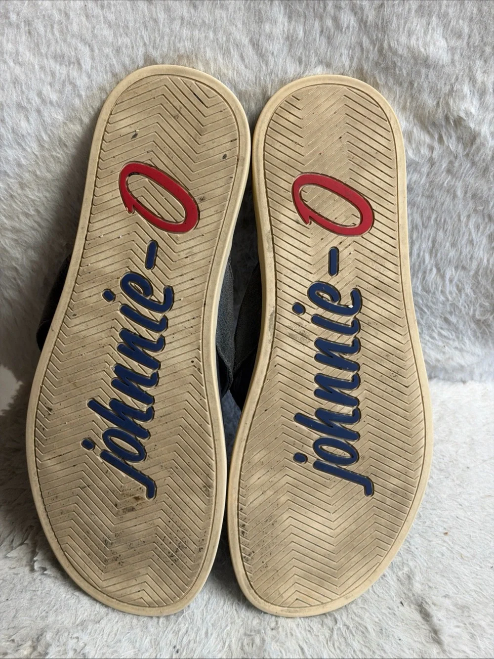 johnnie-O Gray Suede Strap Flip Flops with Navy Footbed